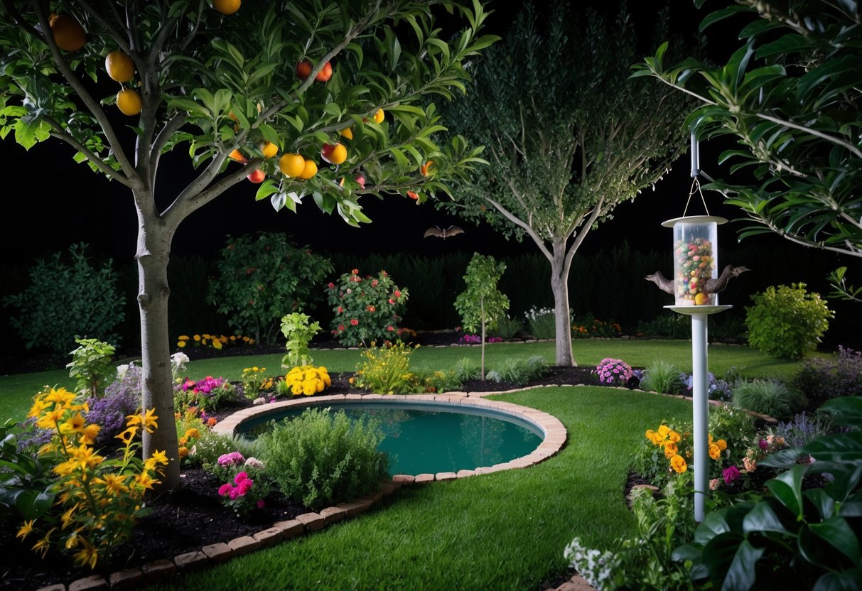 A garden at night, with a variety of fruit trees and flowers, a small pond or birdbath filled with water, and a feeder filled with insects and nectar, attracting bats