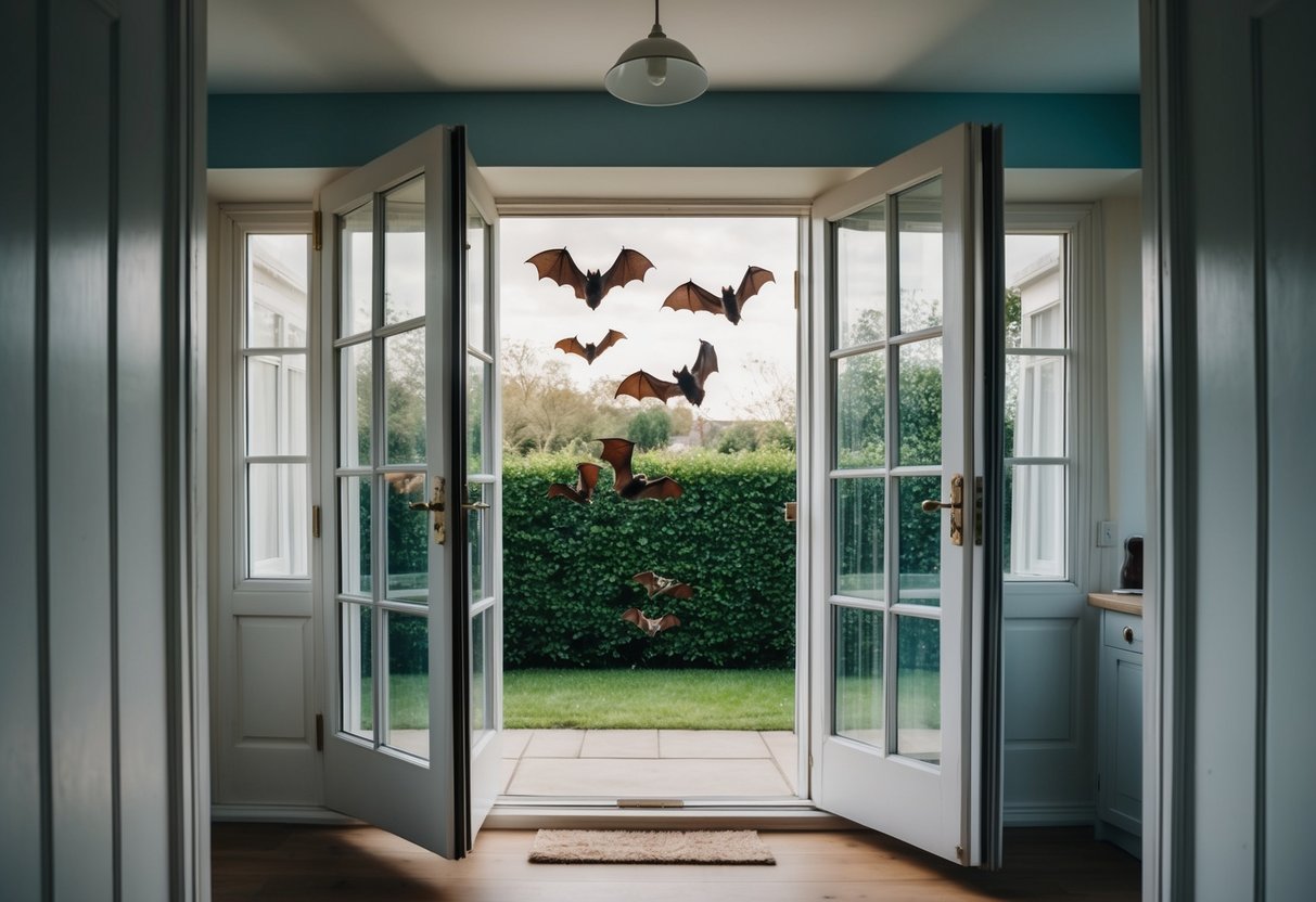 Bats flying inside a UK house, open windows, and doors leading outside