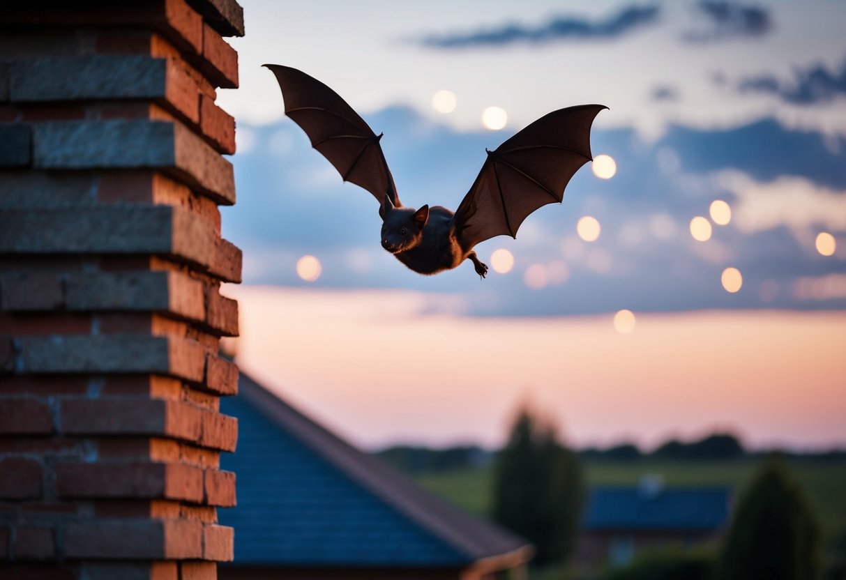 A bat flying out of a chimney in a rural house at dusk