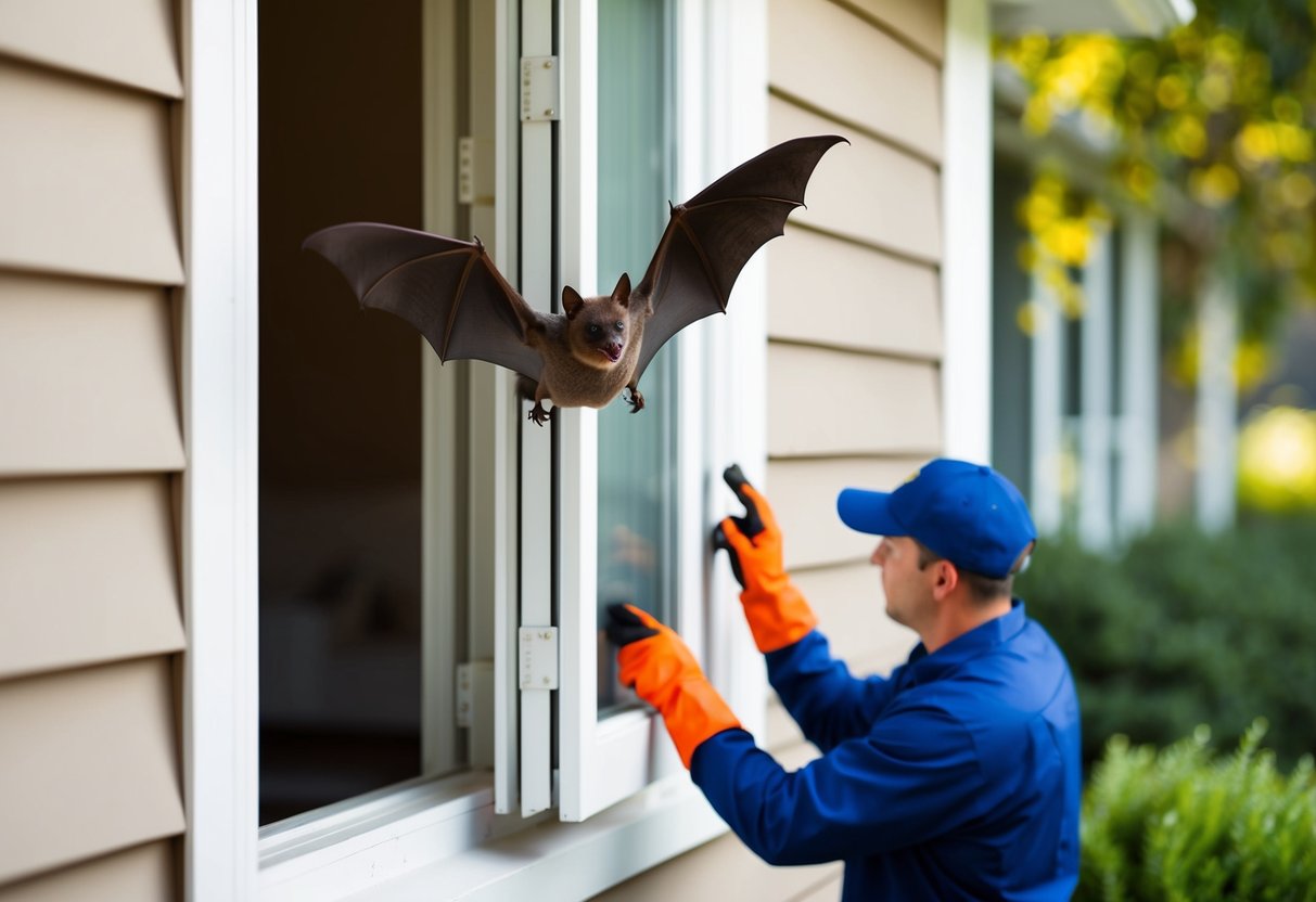 A bat flying out of an open window while a professional seals entry points on the exterior of a house