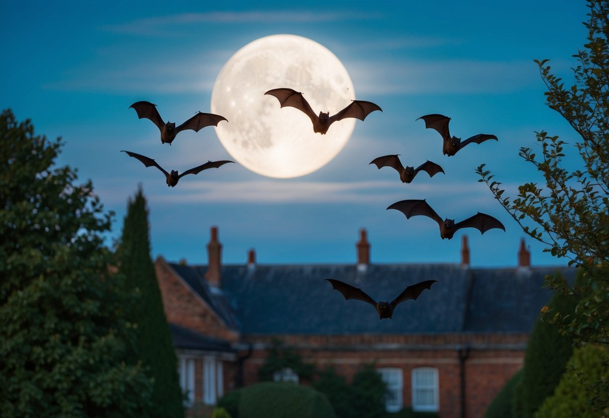Bats flying over a moonlit UK landscape, navigating through trees and buildings, searching for insects