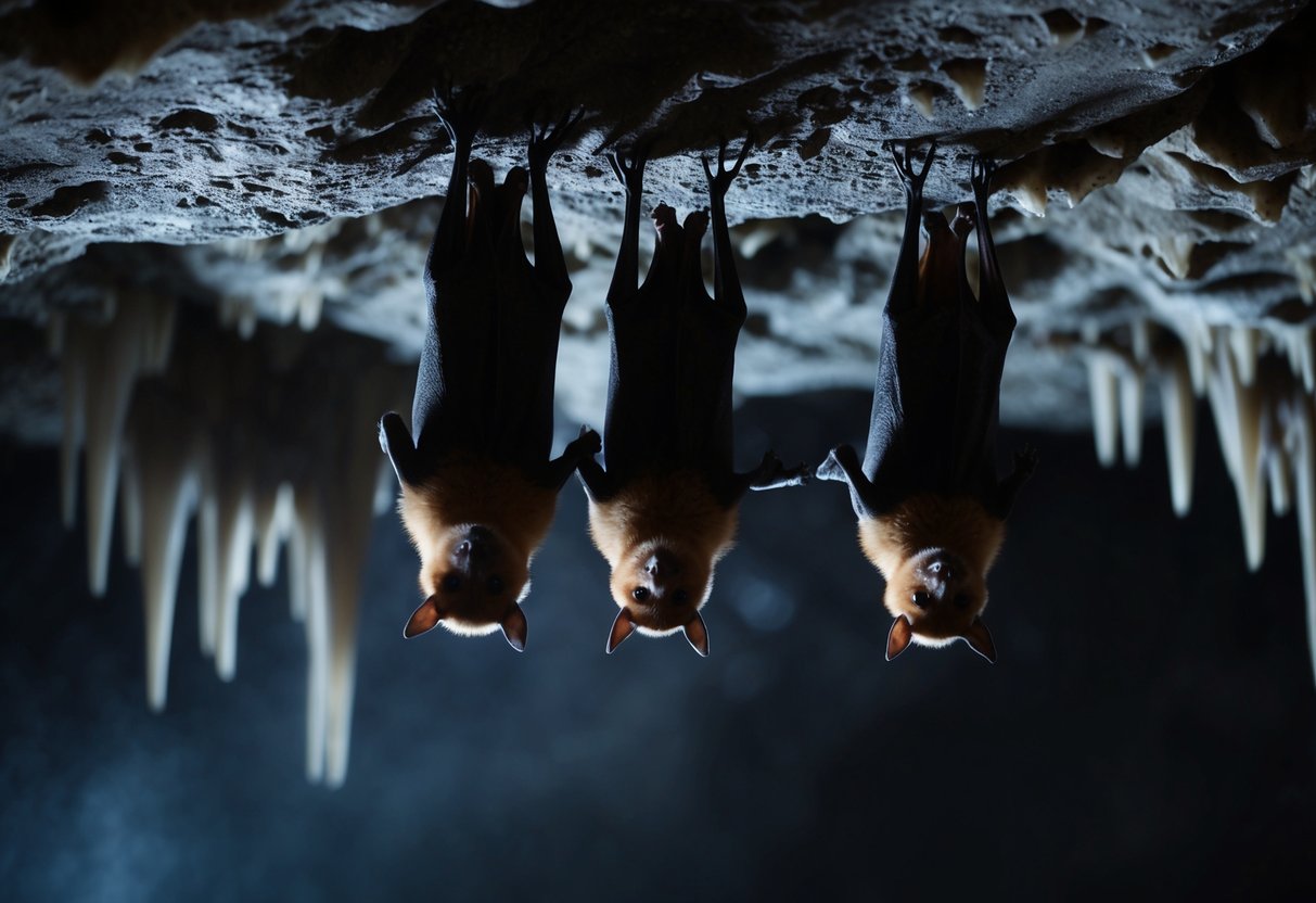 Bats hanging upside down in a dark, secluded cave, nestled among the stalactites