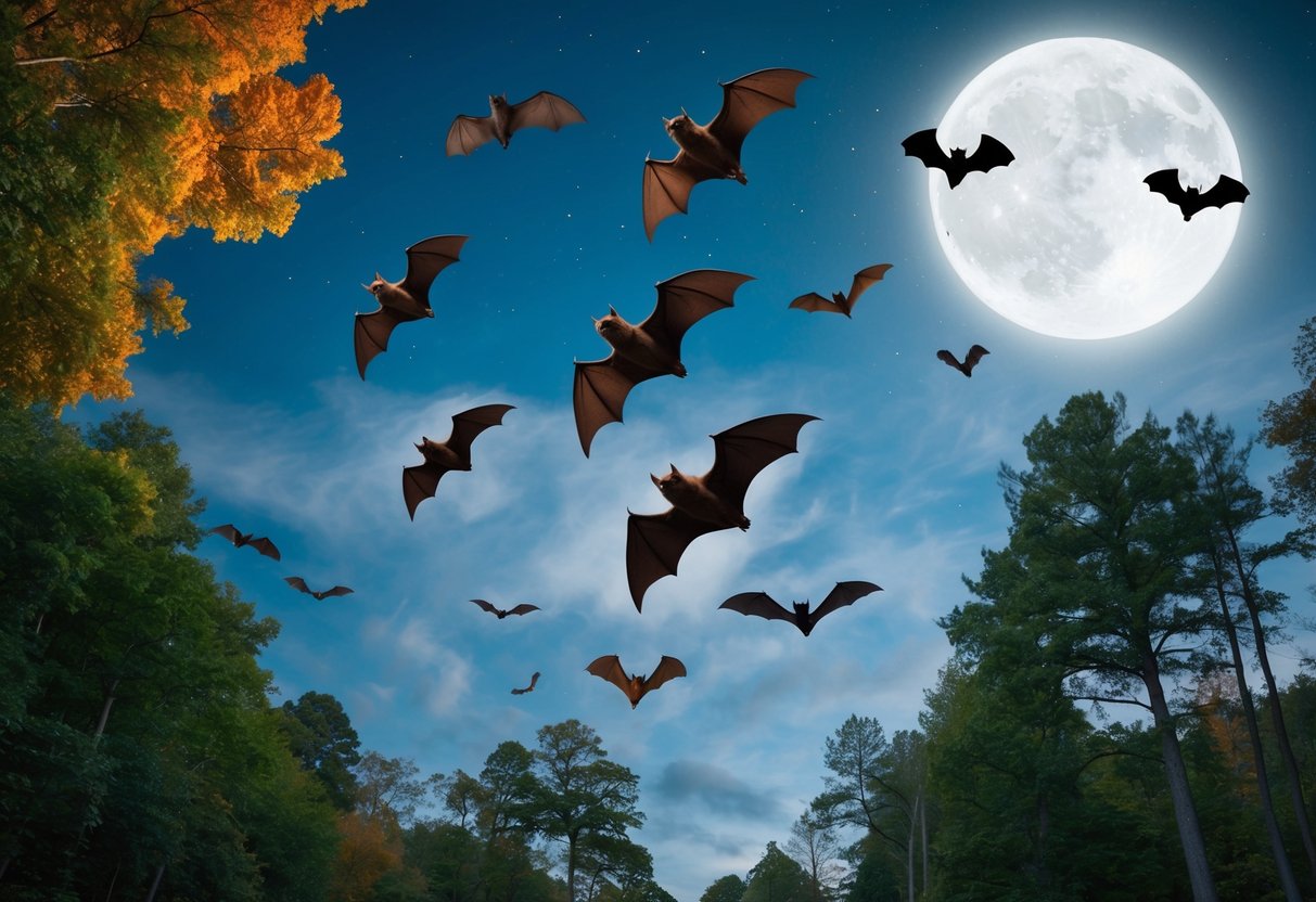Bats flying over a moonlit forest, transitioning through different seasons