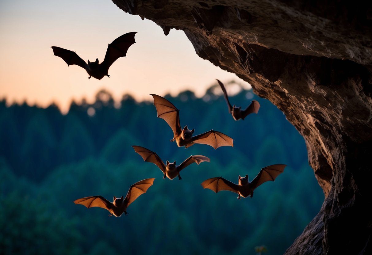 A group of bats flying out of a cave at dusk, with the silhouette of a forest in the background