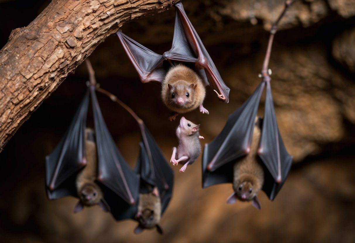 A mother bat dropping her baby from a tree branch, surrounded by other bats in a cave