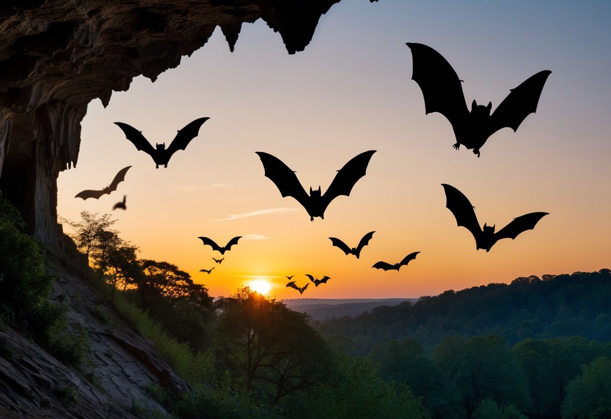 Bats emerge from a protected cave at dusk, as the sun sets over a lush, wooded landscape in the UK