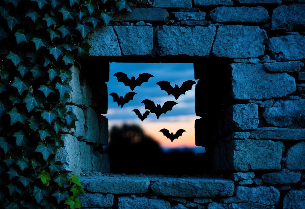 Bats emerge from a dark, ivy-covered crevice in an old stone wall, silhouetted against the twilight sky