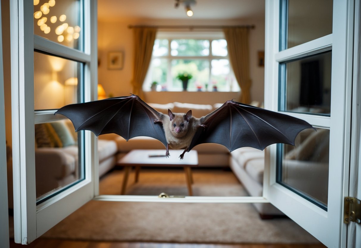 A bat flies through an open window into a cozy living room in the UK, its wings outstretched as it explores the unfamiliar space