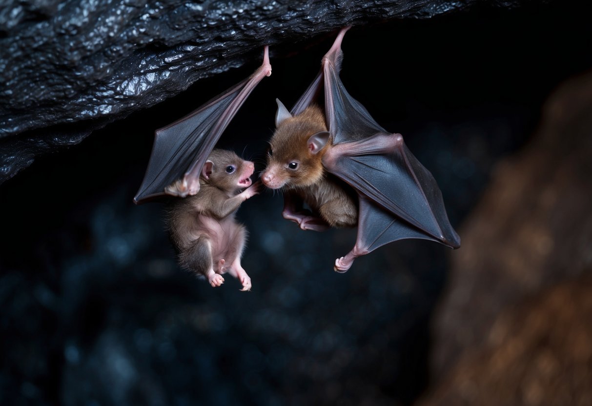 A bat giving birth to a live pup in a dark, secluded cave
