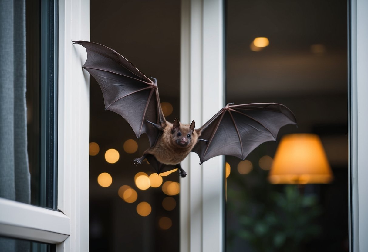 A bat flies through an open window into a dimly lit UK home