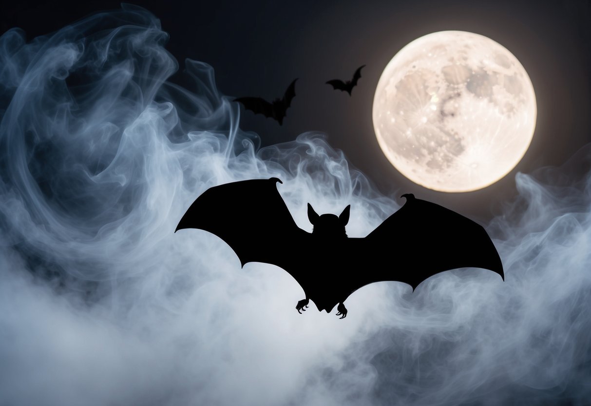 A bat silhouetted against a full moon, surrounded by swirling mist