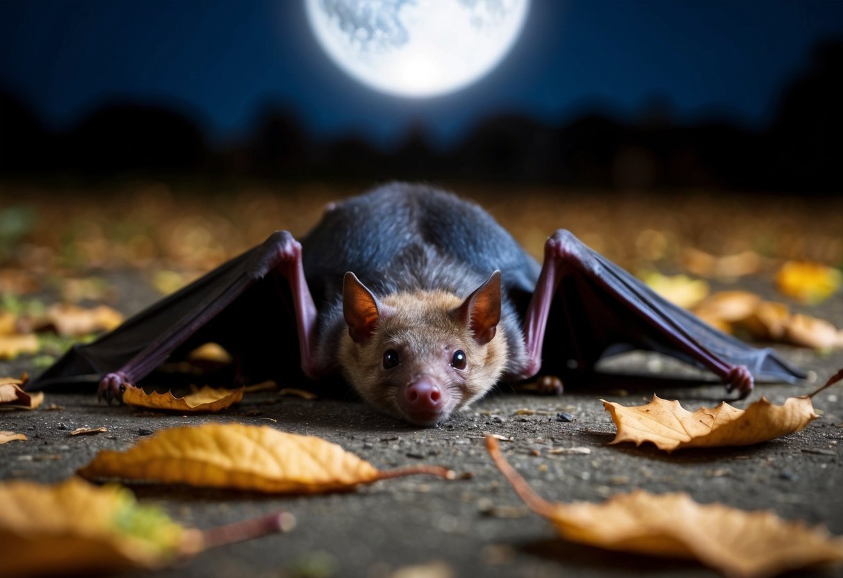 A bat lies on the ground at night, injured and unable to fly, surrounded by fallen leaves and moonlight