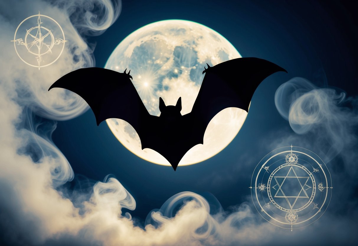 A bat silhouetted against a full moon, surrounded by swirling mist and mystical symbols