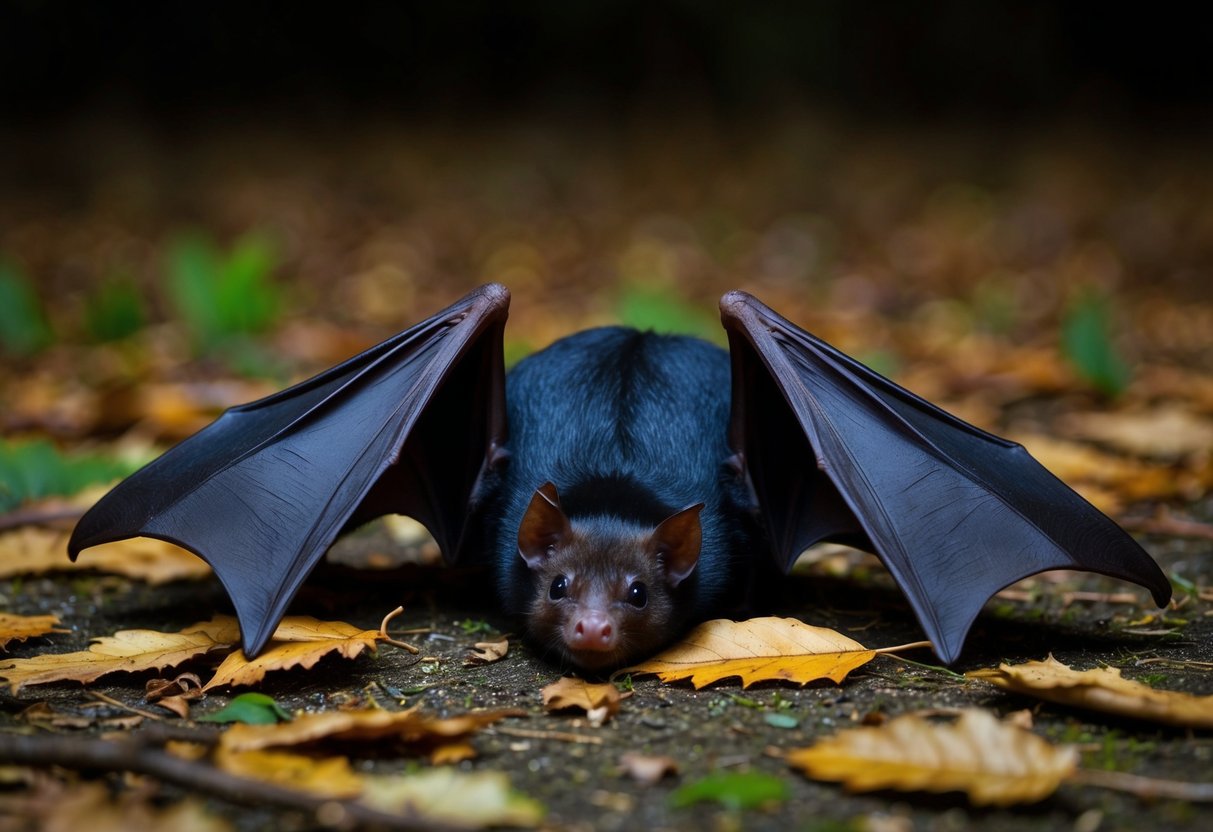 A bat lies on the ground at night, surrounded by fallen leaves and twigs, its wings slightly spread as it appears injured or disoriented