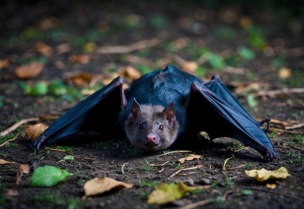 A bat lies on the ground at night, surrounded by scattered leaves and twigs. It appears weak and disoriented, with its wings drooping and eyes half-closed