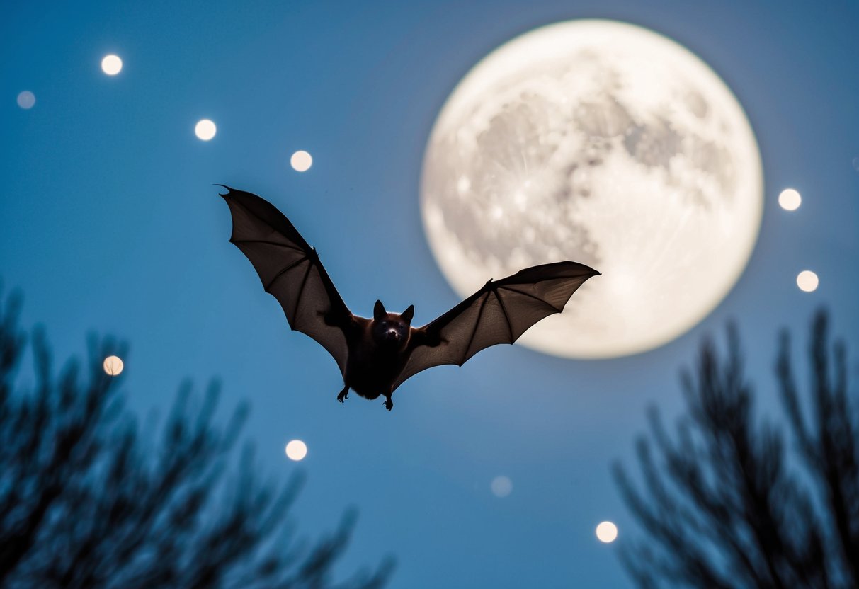 A solitary bat soaring through a moonlit sky, surrounded by stars and silhouetted trees