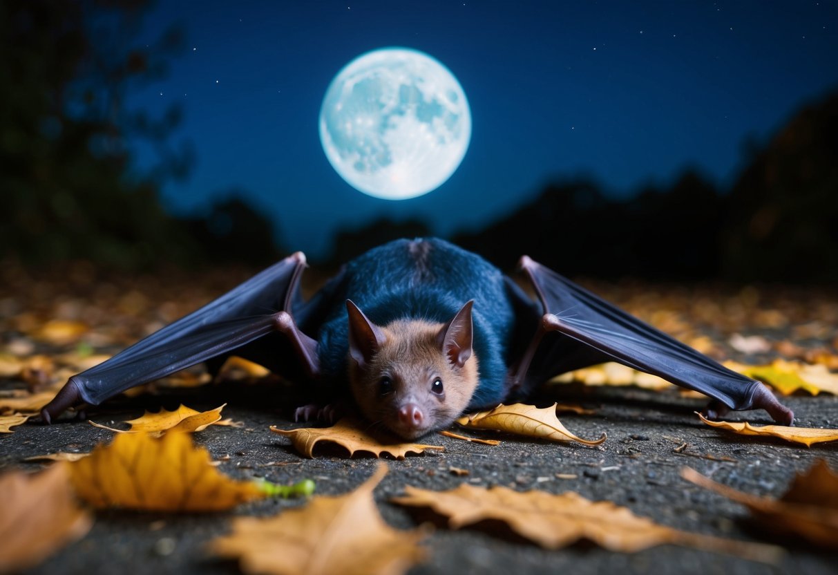 A bat lies on the ground, surrounded by fallen leaves and branches, under the moonlit night sky