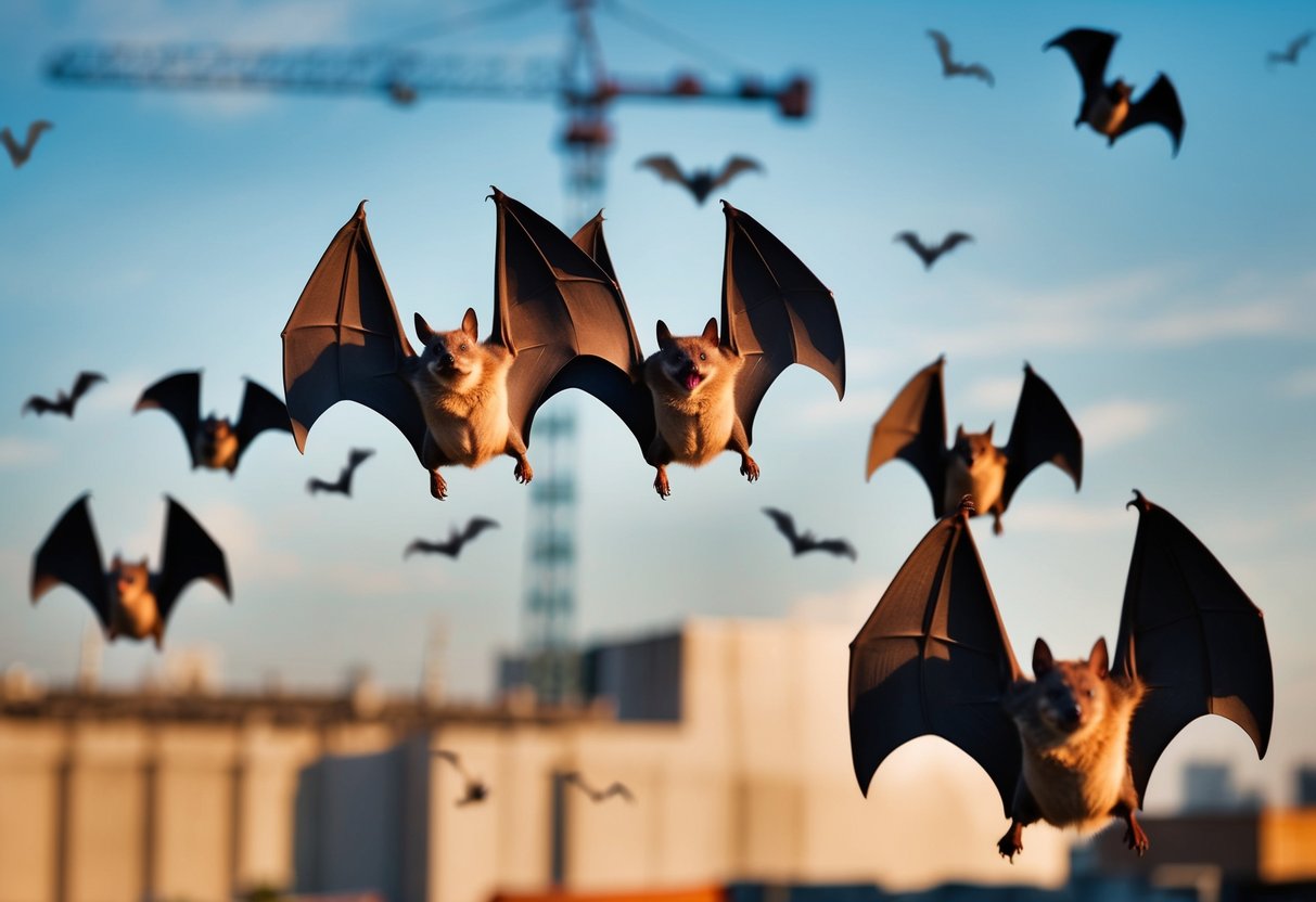 A group of bats flying away from a loud construction site, covering their ears with their wings