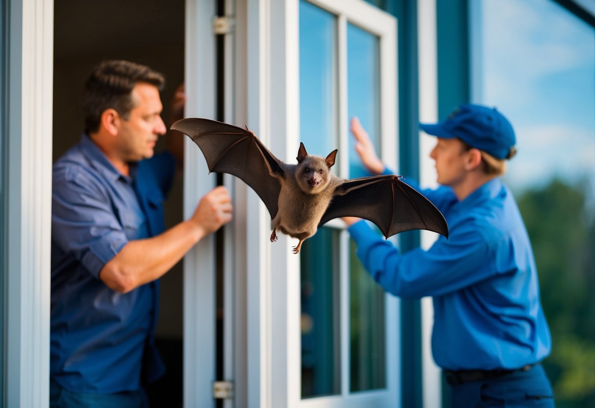 A bat flying out of an open window, with a person sealing off potential entry points into a building