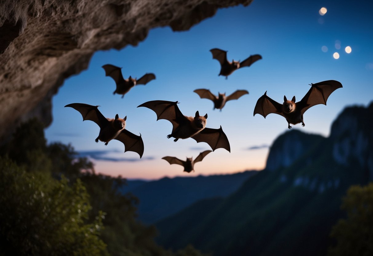A group of bats flying out of a dark cave at dusk