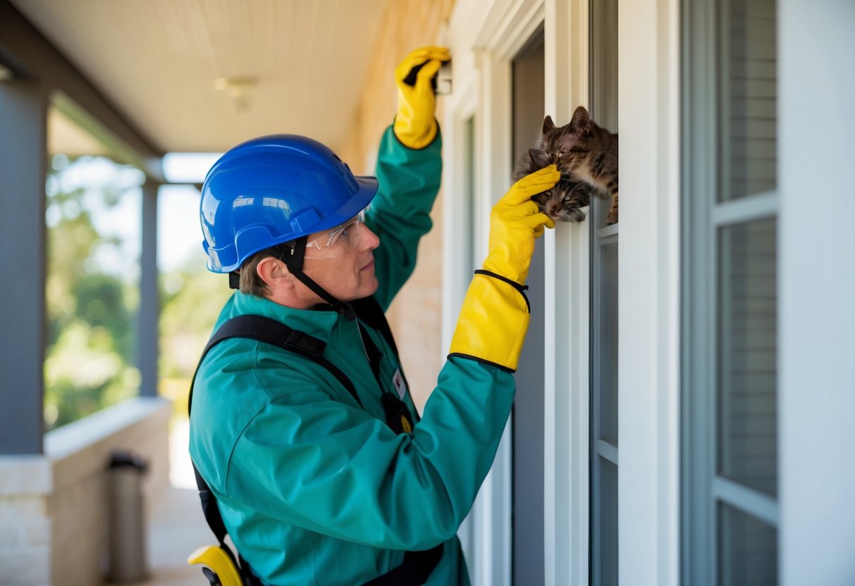 A person in protective gear cleaning and sealing entry points after removing bats from a building