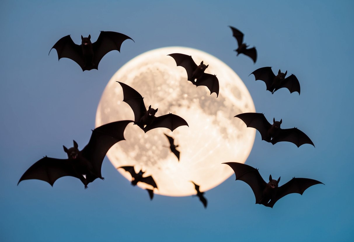 A group of bats flying in front of a full moon, symbolizing mystery and the unknown