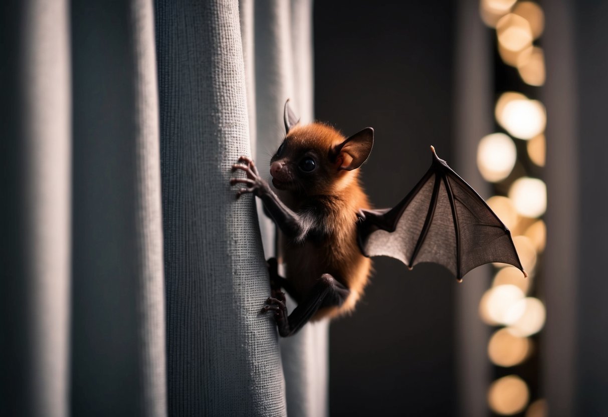 A baby bat clinging to a curtain, with large ears and tiny wings, in a dimly lit room