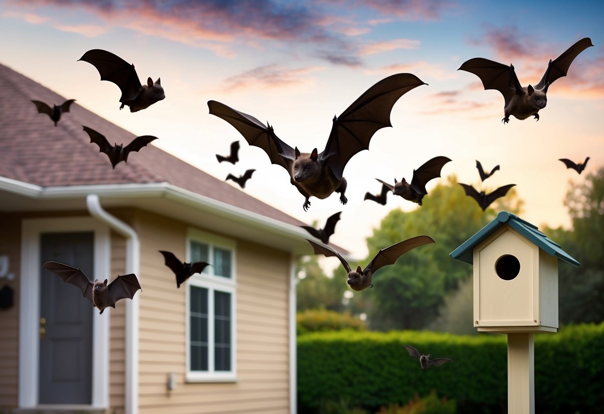 Bats flying around a house with sealed entry points and a bat house nearby