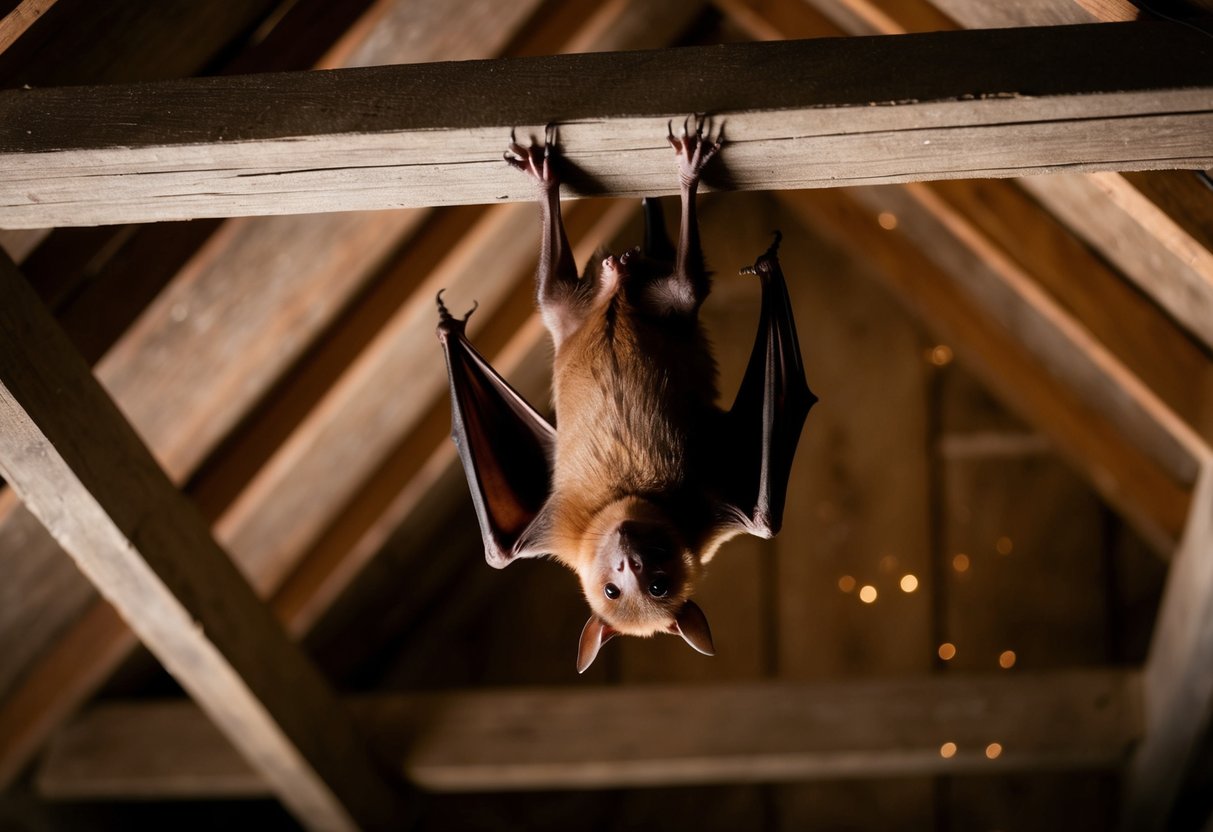 A bat hangs upside down in a dark, secluded corner of the attic