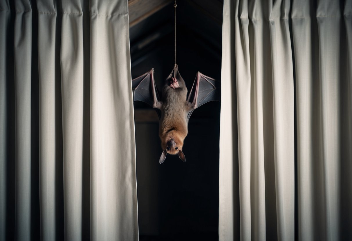 A bat hanging upside down in a dark, secluded corner of an attic or behind curtains in a dimly lit room