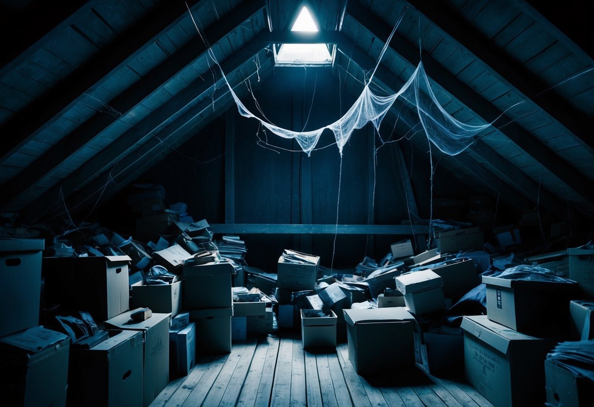 A dark, cluttered attic with hanging cobwebs and piles of old boxes. A small opening in the roof allows moonlight to filter in, casting eerie shadows across the space