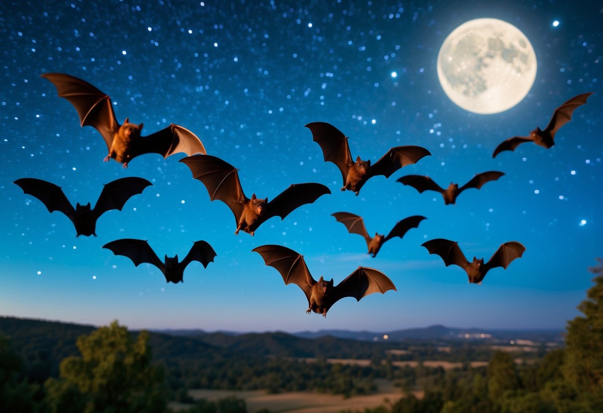 Bats fly freely under a starry night sky, surrounded by trees and a moonlit landscape