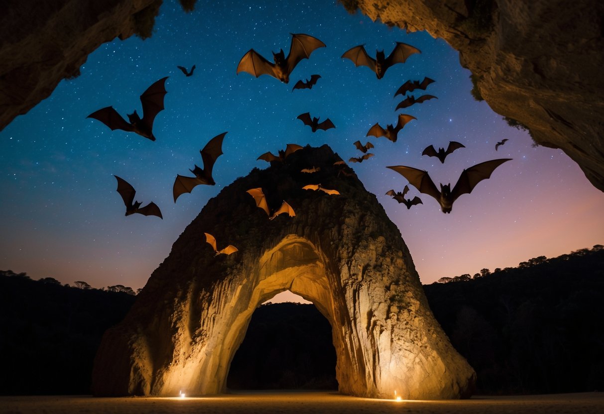 A night sky with bats in flight around a dimly lit cave entrance