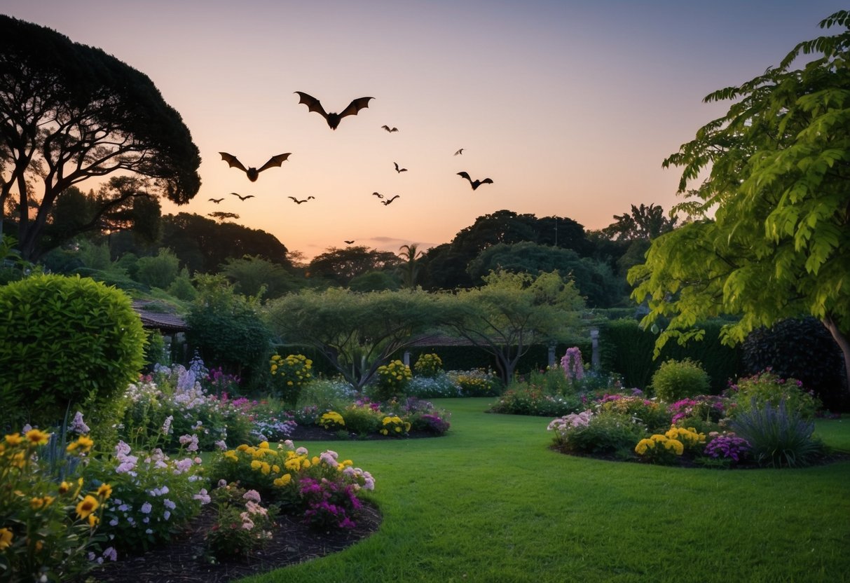 A peaceful garden at dusk, filled with blooming flowers and lush trees. Bats fly gracefully overhead, feasting on insects in the warm evening air