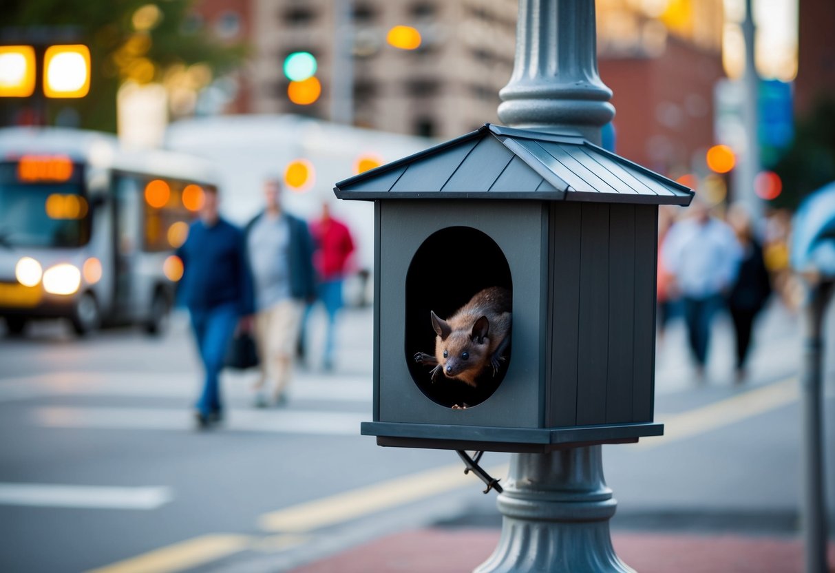 A bat house placed near a bright streetlight, surrounded by heavy foot traffic