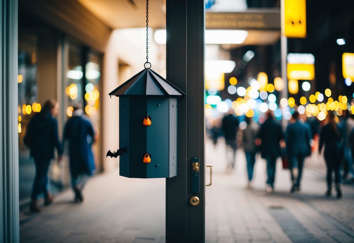 A bat house placed near a busy doorway, with heavy foot traffic and bright lights