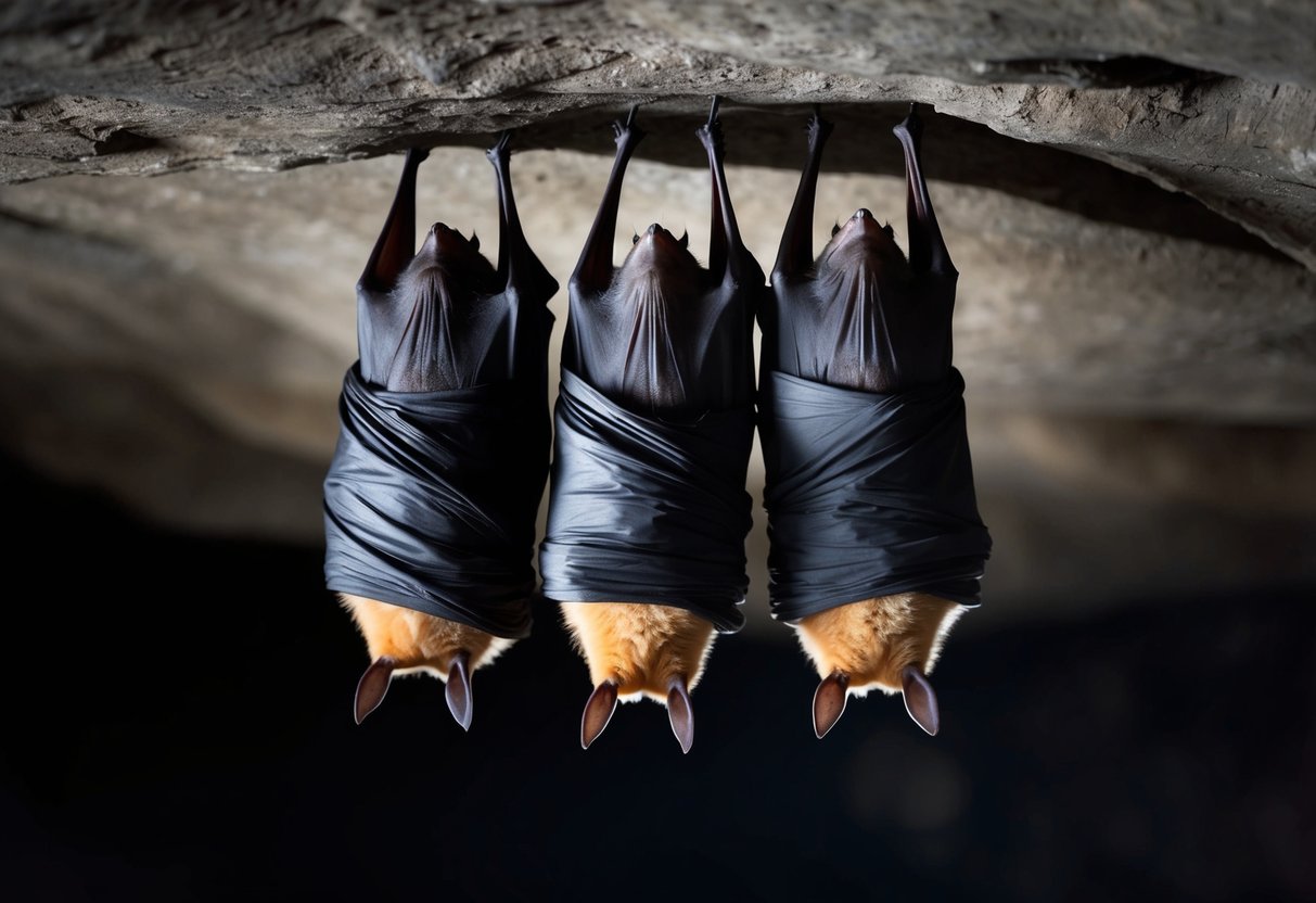 Bats hang upside down in a dark cave, their wings wrapped around their bodies as they sleep for days