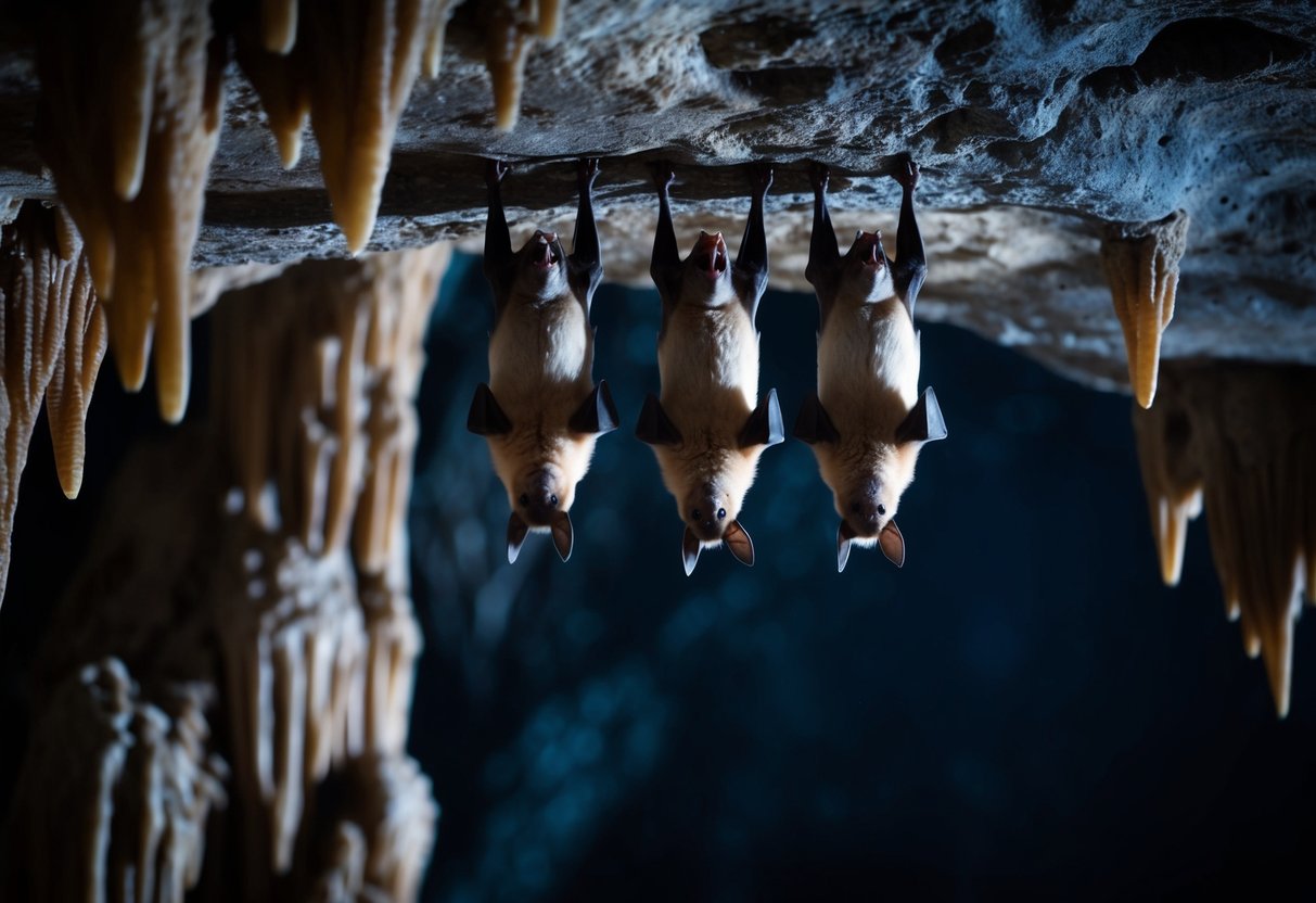 Bats hanging upside down in a dark, cave-like roost, surrounded by stalactites and stalagmites