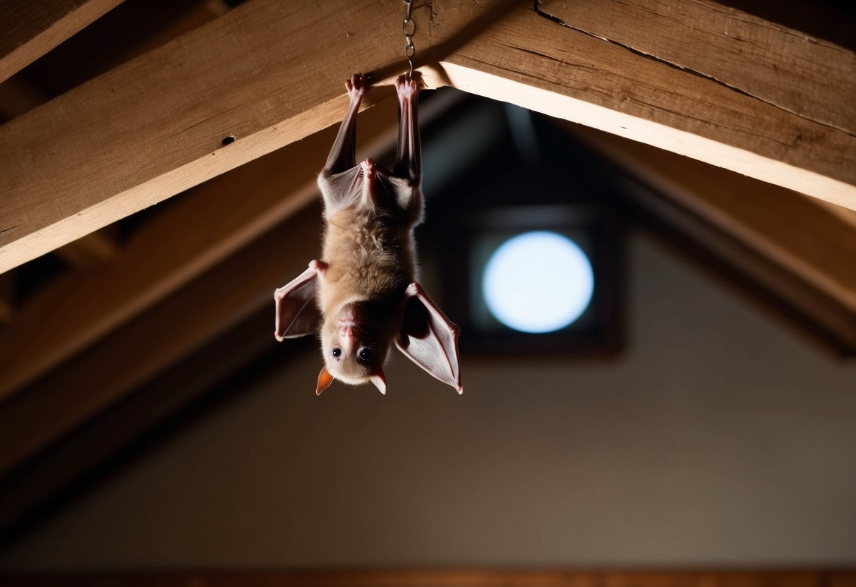 A small baby bat hanging upside down inside a cozy, dimly lit attic, with a small opening in the roof letting in a soft glow of moonlight