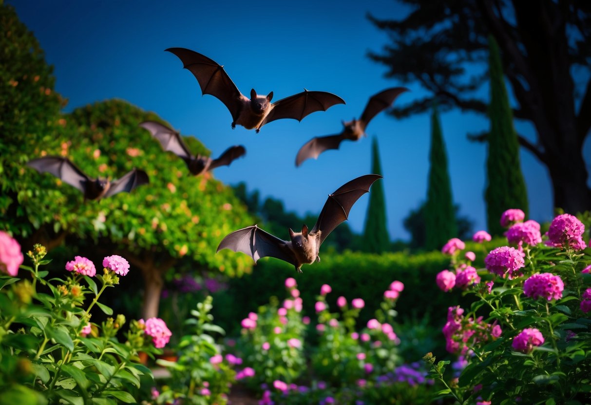Bats flying around a lush garden at night, surrounded by blooming flowers and tall trees