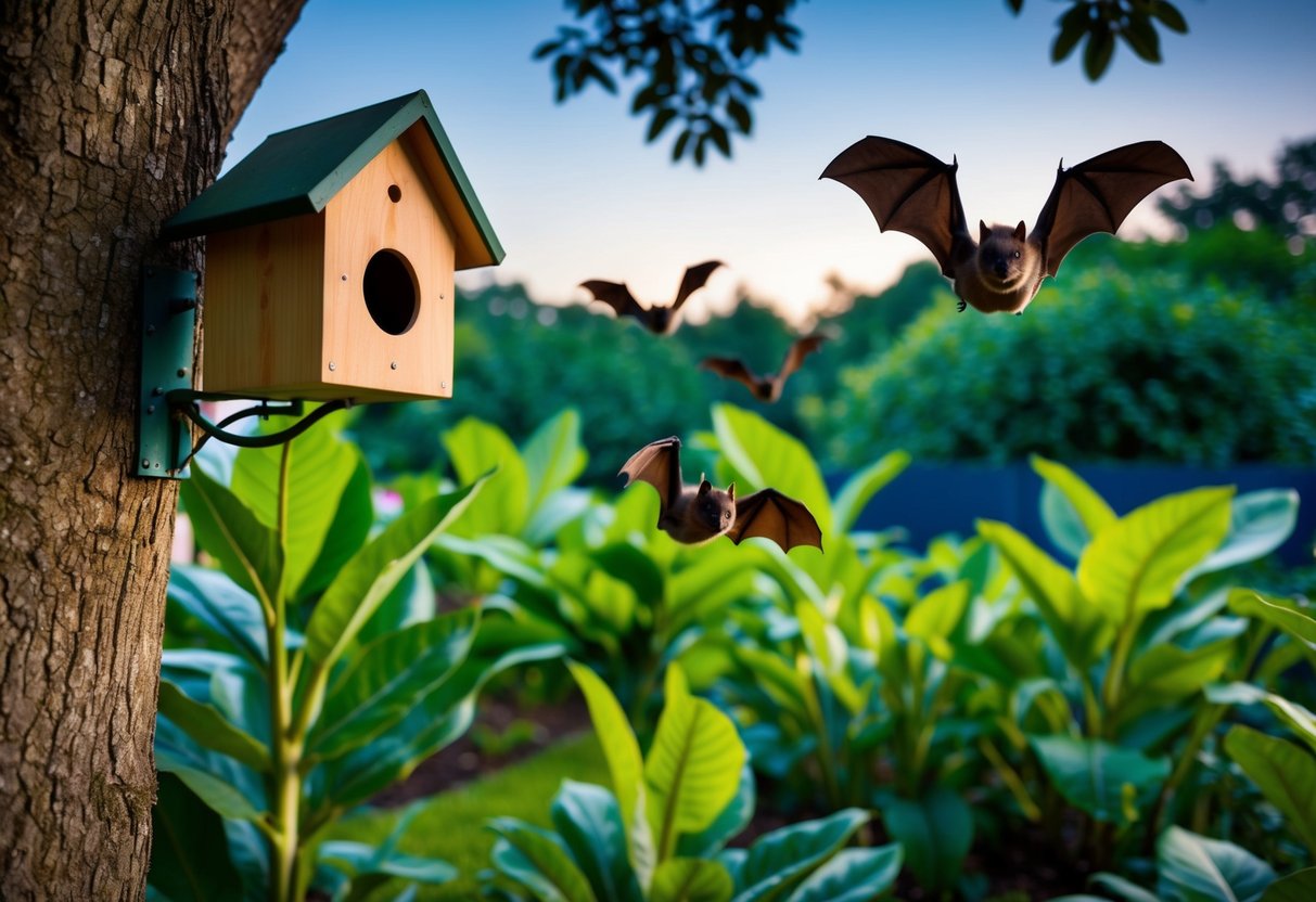 A garden with lush vegetation and a small bat house mounted on a tree. The bats are flying around at dusk, contributing to the natural ecosystem
