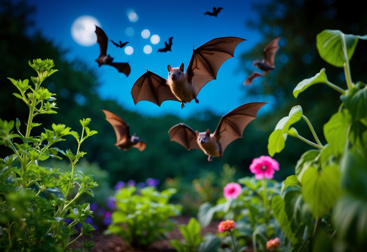 A garden at night with bats swooping down to catch insects, while plants thrive and pests are kept in check