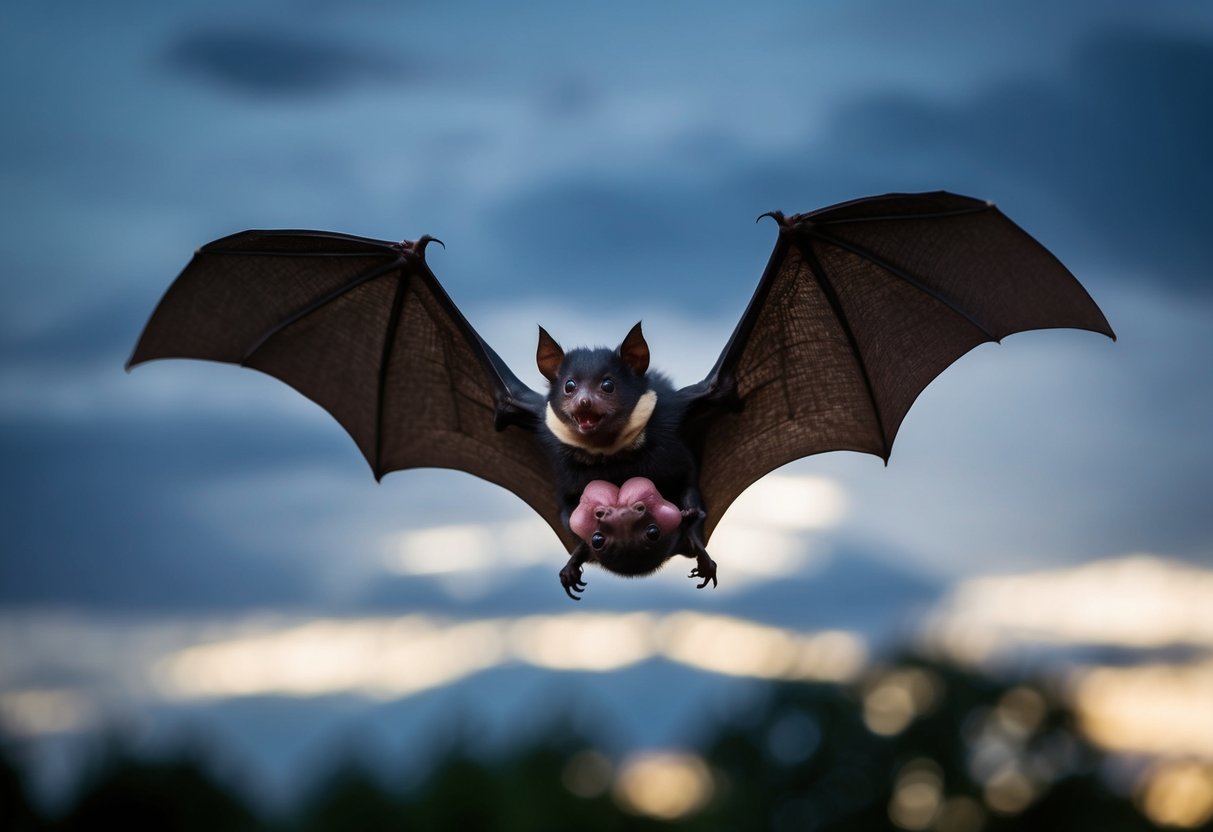 A bat flies back to its roost, baby clinging to its chest, against a darkening sky
