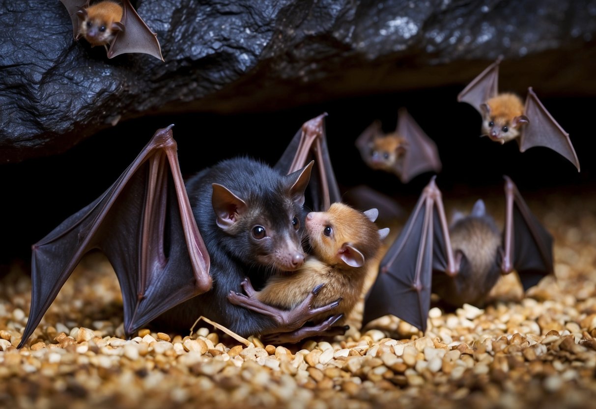 A mother bat tenderly nuzzles her baby, nestled in the safety of a dark cave, surrounded by the fluttering of other bats