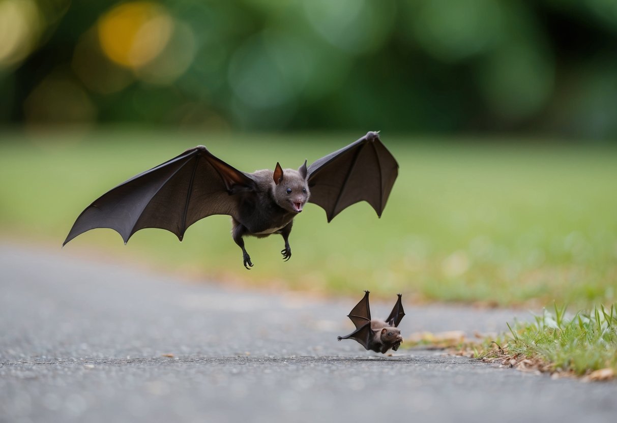 A mother bat swoops down to retrieve her displaced baby bat from the ground