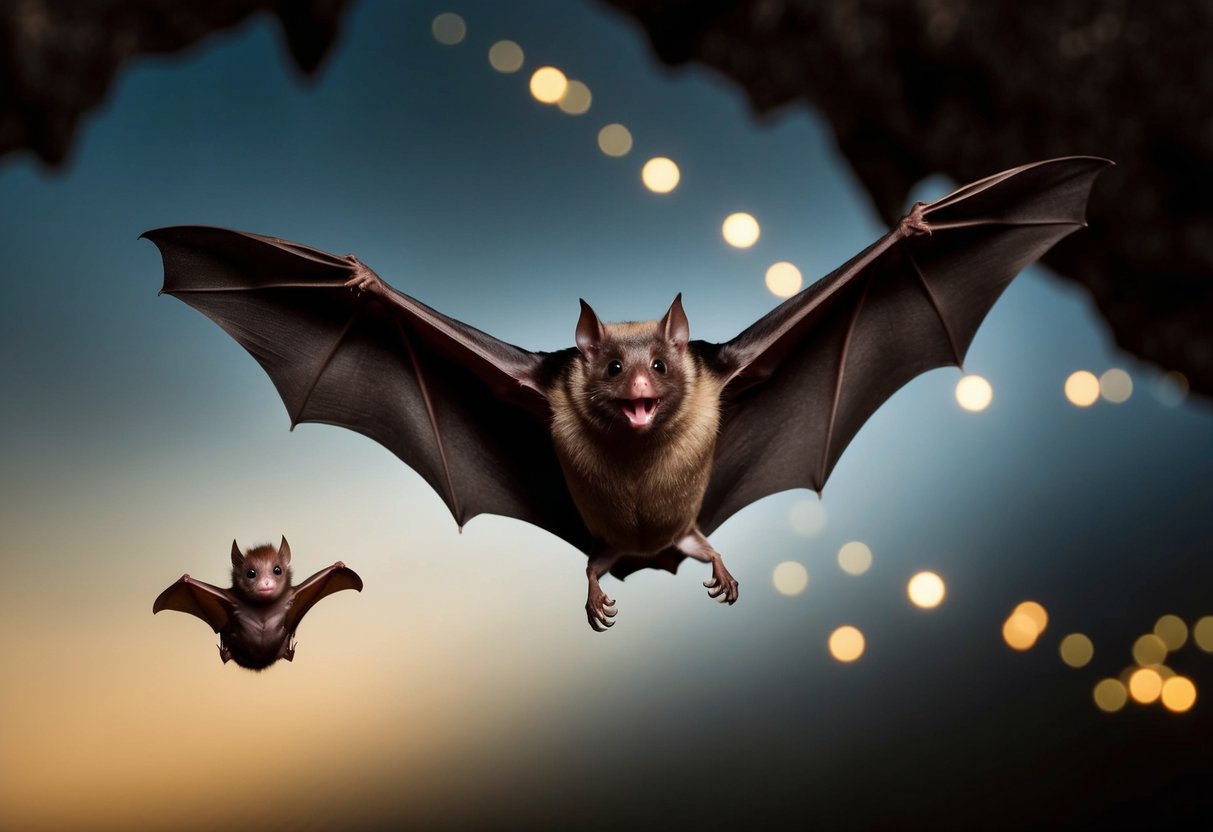 A mother bat emits high-pitched calls while flying, using echolocation to locate her baby in a dark cave