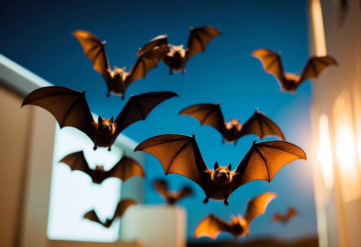 A group of bats flying away from a brightly lit area towards a dark, secluded space