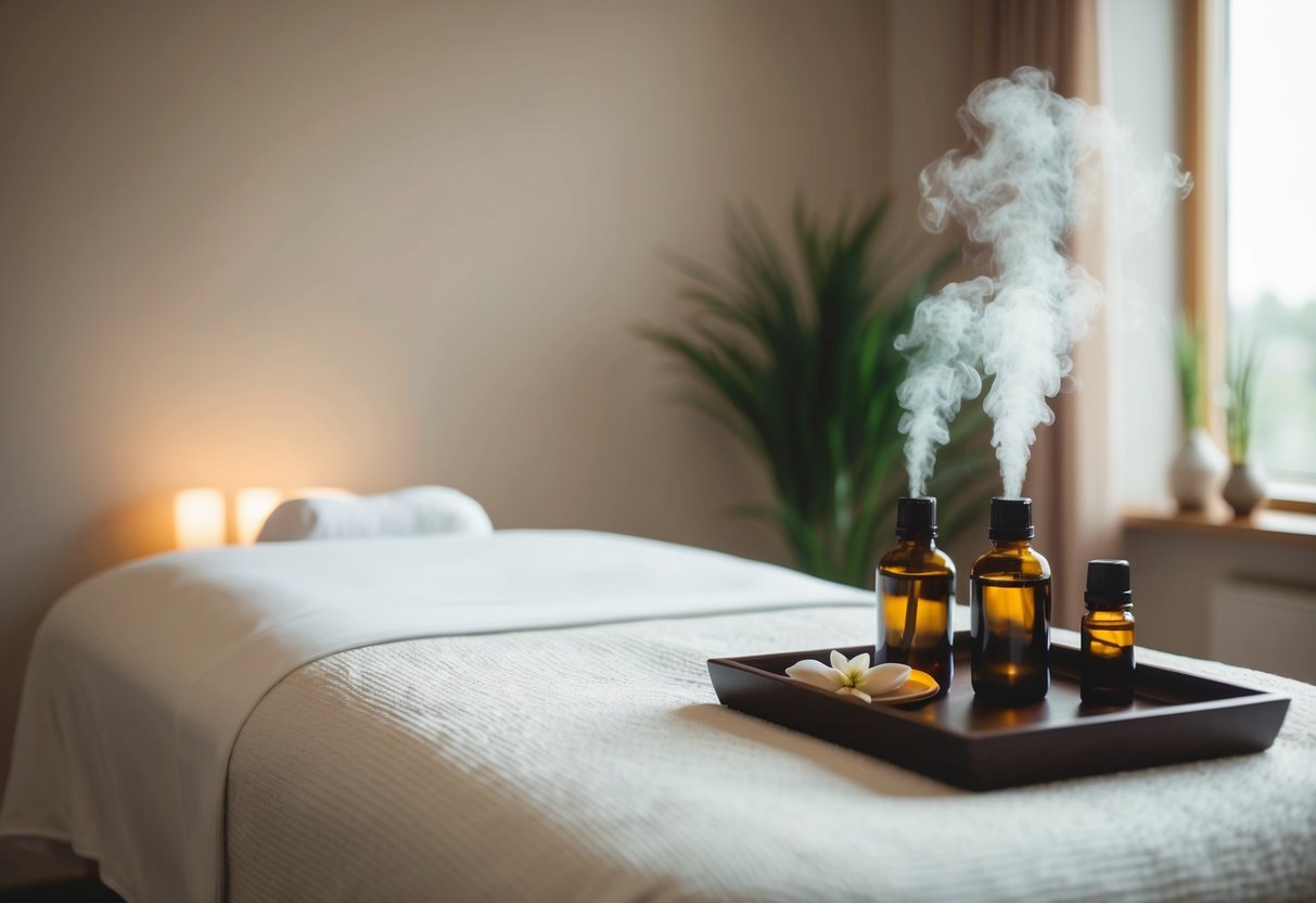 A peaceful massage room with soft lighting and calming music, with a massage table and essential oils diffusing in the air