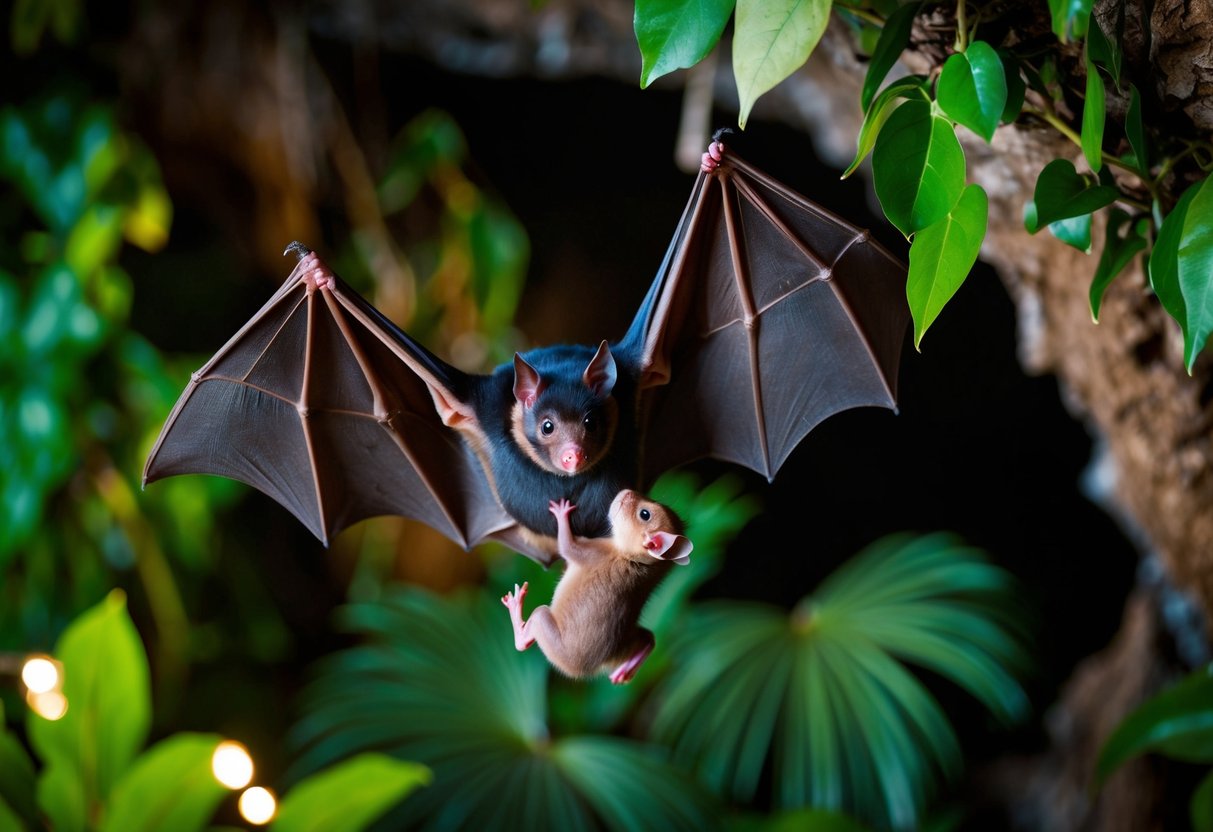 A mother bat hovers protectively over her baby in a dimly lit cave, surrounded by lush foliage and diverse wildlife