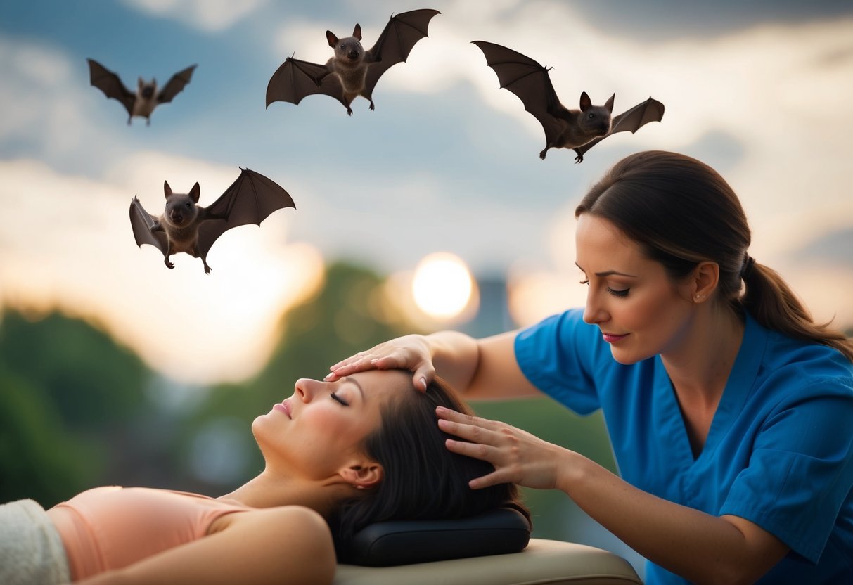 A massage therapist using specialized techniques to relieve pain, while bats are seen flying away from the area